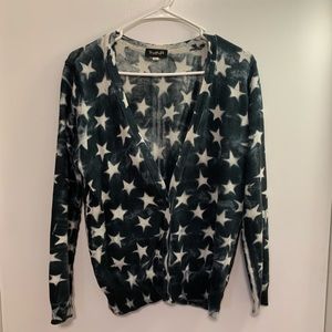 100% Cotton Star Print Cardigan Navy Blue White Cozy Knit Sweater Size XS